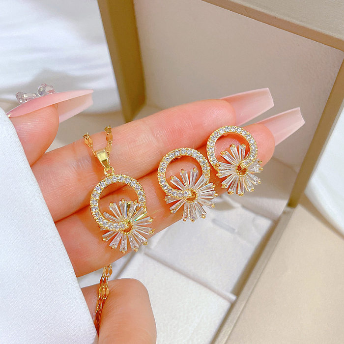 Luxurious Round Flower Titanium Steel Copper Plating Inlay Zircon Gold Plated Earrings Necklace