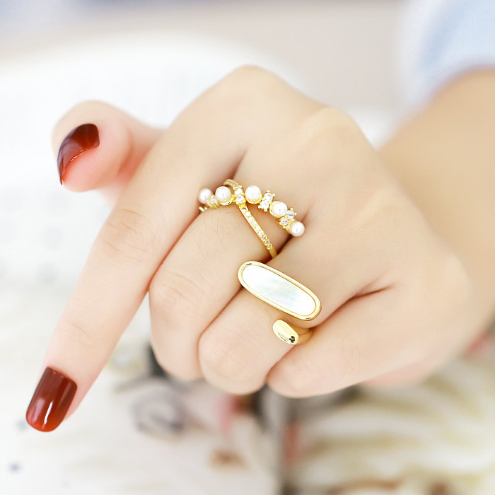 Einfacher offener Ring aus Kupfer mit vergoldetem Perlmutt-Muschel-Zirkon im geometrischen Stil, 1 Stück
