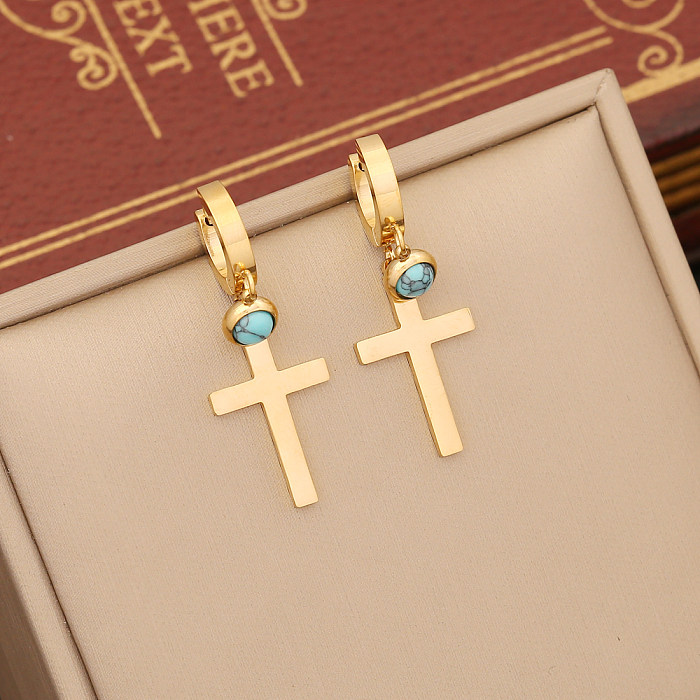 IG Style Simple Style Cross Stainless Steel Plating Inlay Turquoise Zircon Bracelets Earrings Necklace