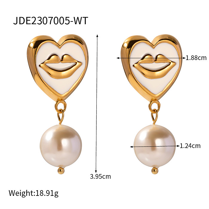 IG Style Lips Stainless Steel Plating Inlay Pearl 18K Gold Plated Earrings Necklace