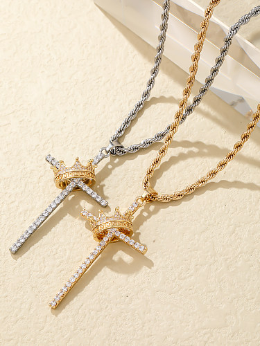 Hip-Hop Cross Crown Copper Inlay Zircon Pendant Necklace