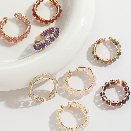 1 Piece Fashion Round Copper Beaded Natural Stone Plating Open Ring
