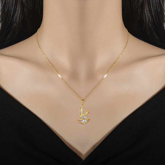 Modern Style Sweet Rabbit Titanium Steel Copper Plating Inlay Artificial Gemstones Gold Plated Pendant Necklace
