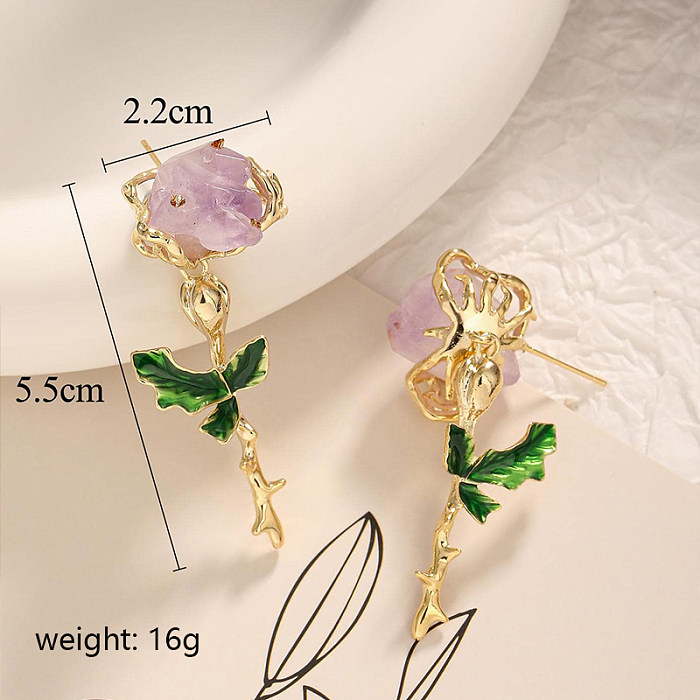 1 Paar elegante Ohrringe im koreanischen Stil, Blätter, Blumen, Emaille-Inlay, Kupfer, künstliche Edelsteine