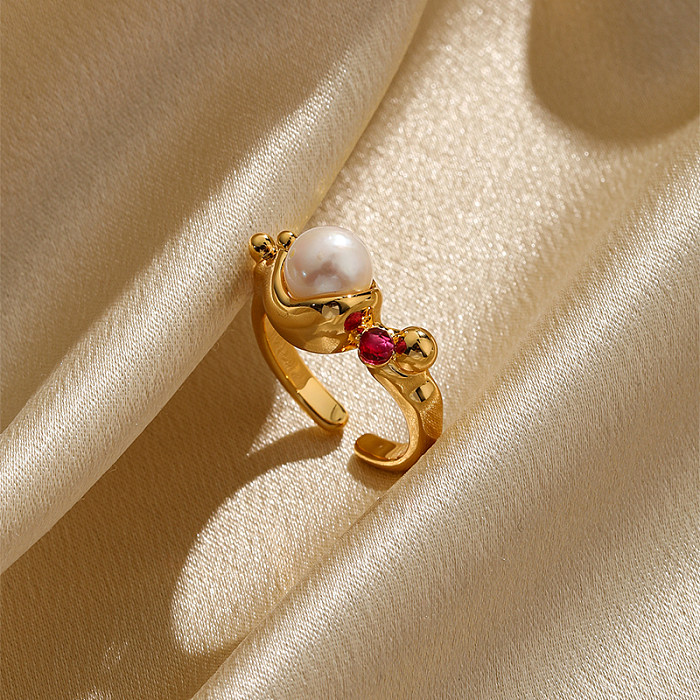 Elegant Round Copper Plating Inlay Crystal Freshwater Pearl 18K Gold Plated Open Rings
