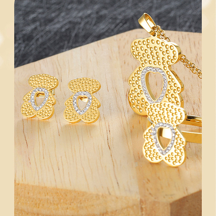 Cute Bear Heart Shape Stainless Steel Plating Hollow Out Inlay Zircon 14K Gold Plated Jewelry Set