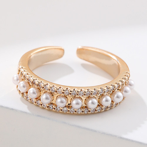 Anéis abertos de pérola com embutimento de cobre geométrico estilo clássico estilo simples