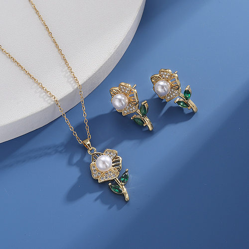 Simple Style Flower Copper Plating Inlay Artificial Pearls Zircon Earrings Necklace