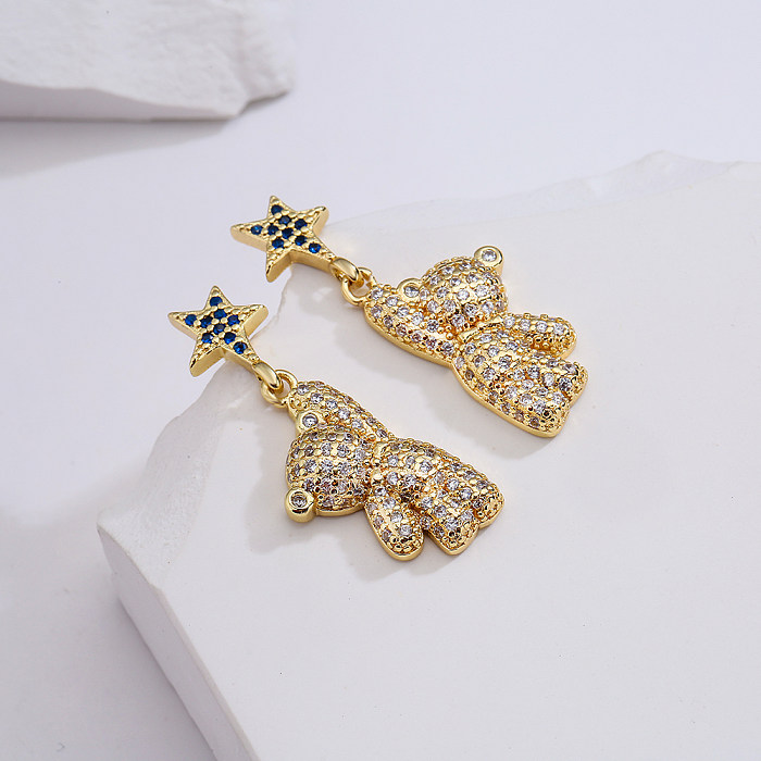 Fashion Copper 18K Gold Zircon Bear Stud Earrings Cute Female