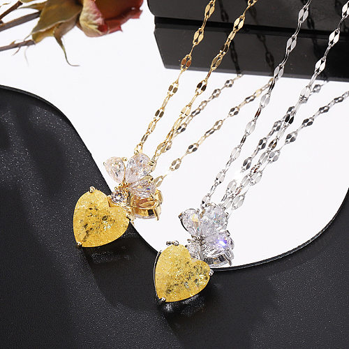 Elegant Heart Shape Titanium Steel Copper Inlay Artificial Gemstones Pendant Necklace