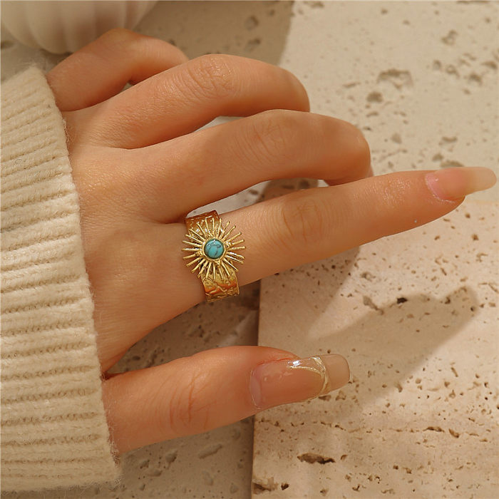 Modern Style Geometric Titanium Steel Plating Inlay Turquoise Gold Plated Open Rings
