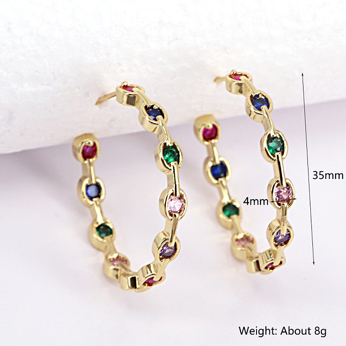Simple C-Shaped Circle Copper Gold-Plated Color Zircon Earrings