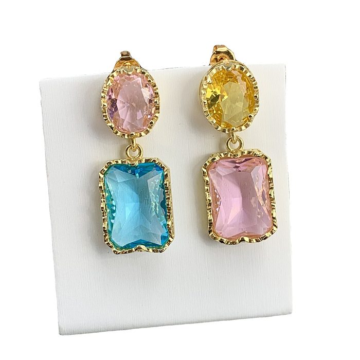 1 Pair Sweet Square Oval Inlay Copper Zircon Drop Earrings