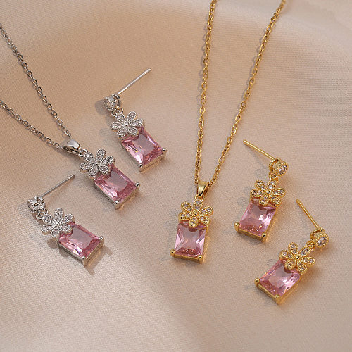 Classic Style Square Titanium Steel Inlay Artificial Gemstones Earrings Necklace