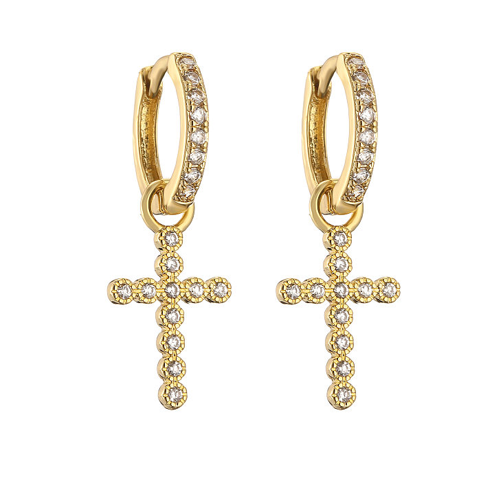 1 Paar niedliche Kreuz-Mond-Beschichtungs-Inlay-Kupfer-Zirkon-vergoldete Ohrringe