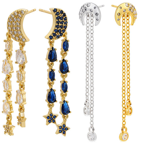 1 Pair IG Style Elegant Simple Style Star Moon Tassel Plating Inlay Copper Zircon 18K Gold Plated Drop Earrings