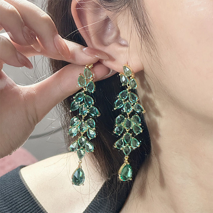 1 Pair Retro Leaf Copper Inlay Artificial Gemstones Drop Earrings