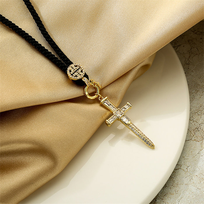 Casual Retro Cross Copper Plating Inlay Zircon Pendant Necklace