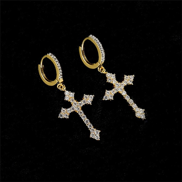 1 Paar IG-Stil Kreuz-Ohrringe mit Kupfer-Strasssteinen, vergoldet, versilbert