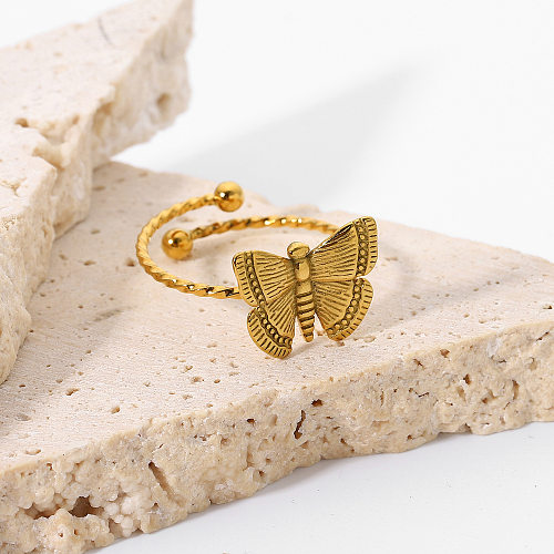 Jóias de anel de borboleta de aço inoxidável banhado a ouro por atacado