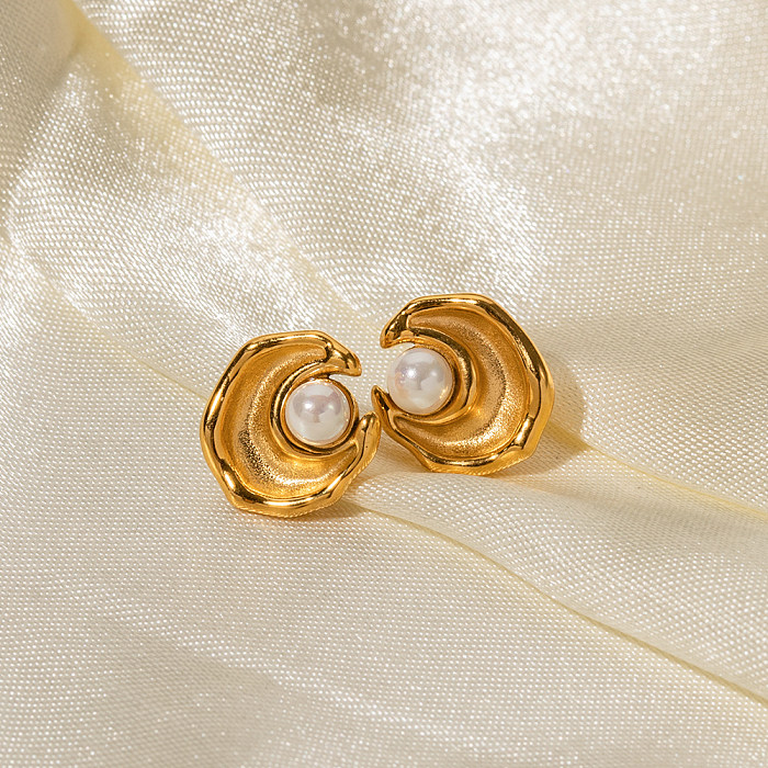 IG-Stil, schlichter Stil, unregelmäßige Edelstahl-Beschichtung, Inlay, Perle, 18 Karat vergoldete Ringe, Ohrringe