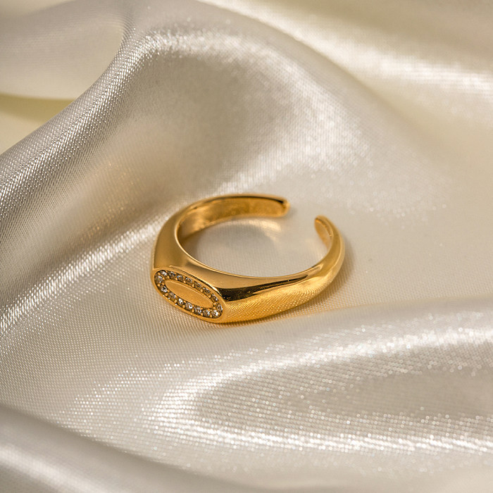 INS-Stil, einfacher Stil, ovaler offener Ring mit Edelstahlbeschichtung, Inlay, Strasssteinen, 18 Karat vergoldet