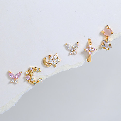 Fashion Pentagram Moon Flower Copper Inlay Zircon Earrings 6 Pieces