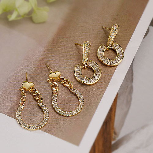 1 Paar schlichte Pendel-Ohrringe mit geometrischer Beschichtung, Kupfer-Zirkon, 18 Karat vergoldet