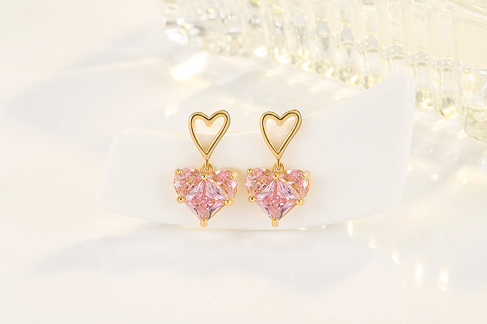 Sweet Heart Shape Copper Gold Plated Zircon Drop Earrings 1 Pair