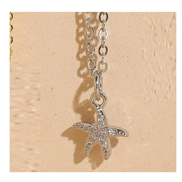 Vacation Beach Starfish Copper Plating Inlay Zircon 14K Gold Plated White Gold Plated Pendant Necklace