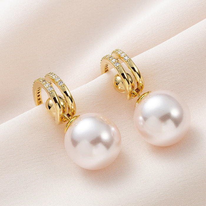 Elegant Geometric Copper Gold Plated Artificial Pearls Zircon Earrings 1 Pair