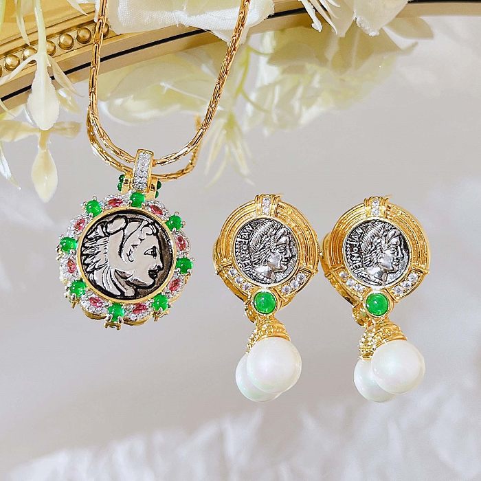 Retro Human Round Copper Inlay Pearl Zircon Women'S Earrings Necklace