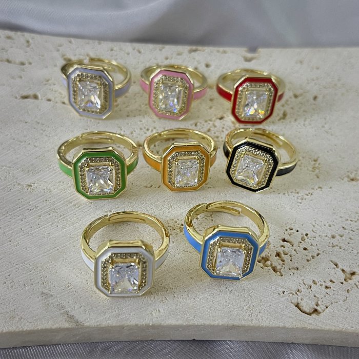 Retro Square Brass Inlay Zircon Open Ring