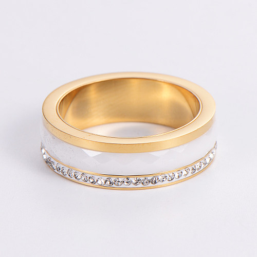 Anéis luxuosos de strass com embutimento de cerâmica geométrica de aço inoxidável