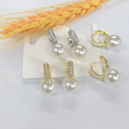 1 paire de boucles d'oreilles géométriques en cuivre, incrustation de perles artificielles en Zircon