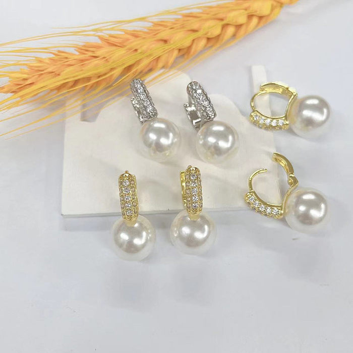 1 Paar modische geometrische Kupfer-Inlay-künstliche Perlen-Zirkon-Ohrringe