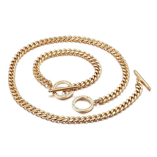 Stainless Steel Thick Chain Diamond Necklace Bracelet Set Wholesale jewelry