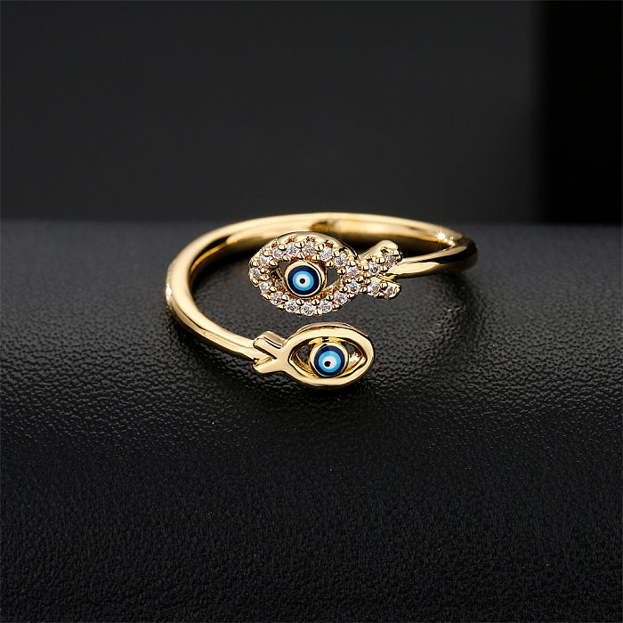 Modischer Ring mit tropfendem Öl, Teufelsauge, Kupfer, vergoldet, Doppel-Fisch-Design, geometrischer offener Ring