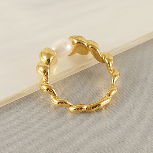 Pérola de aço inoxidável irregular estilo francês que chapeia anéis banhados a ouro 18K