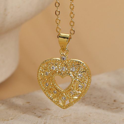 Elegant Luxurious Classic Style Heart Shape Copper Plating Inlay Zircon 14K Gold Plated Pendant Necklace