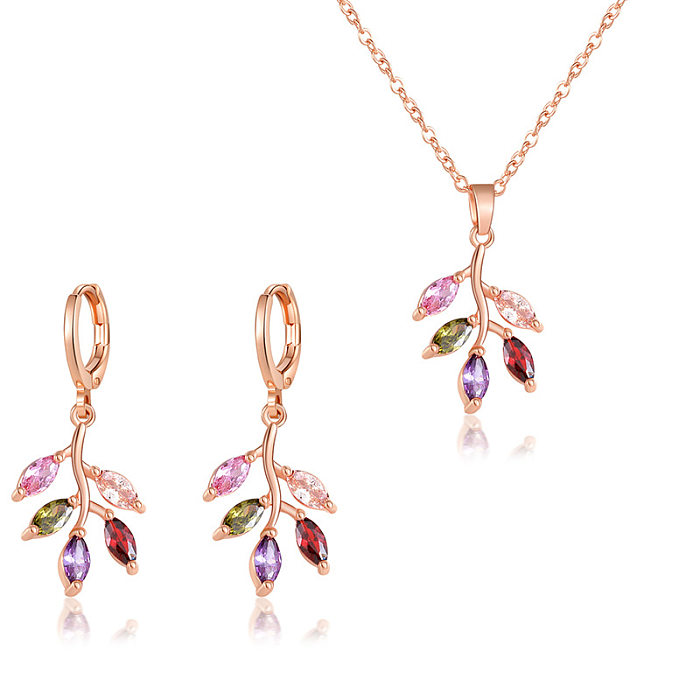 Luxurious Simple Style Flower Copper Plating Inlay Zircon Rose Gold Plated Earrings Necklace