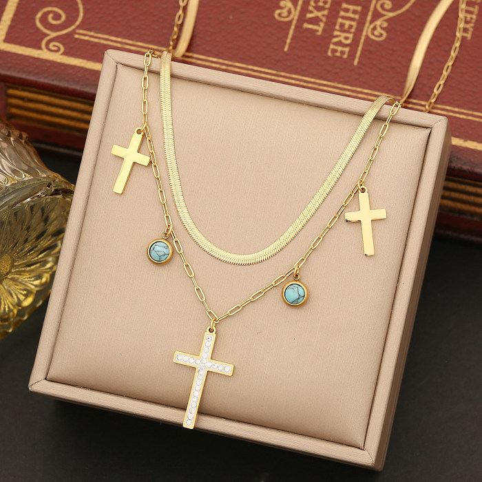 IG Style Simple Style croix acier inoxydable placage incrustation Turquoise Zircon Bracelets boucles d'oreilles collier