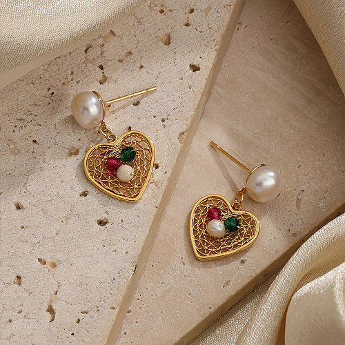 1 paire de boucles d'oreilles pendantes en cuivre plaqué or 18 carats, Style Simple et élégant, Streetwear en forme de cœur