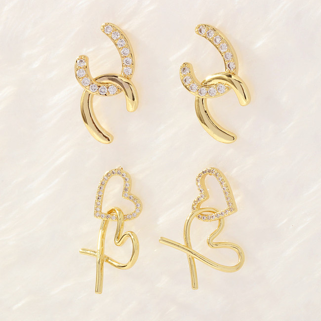 1 Pair Romantic Sweet Letter Heart Shape Plating Inlay Copper Zircon 18K Gold Plated Ear Studs