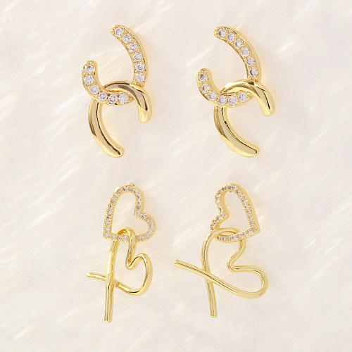 1 Pair Romantic Sweet Letter Heart Shape Plating Inlay Copper Zircon 18K Gold Plated Ear Studs