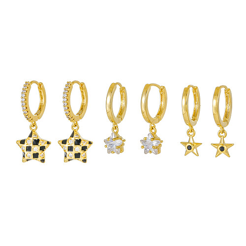 1 conjunto elegante estilo simples estrela chapeamento incrustação de latão zircão brincos banhados a ouro 18K