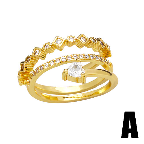 Simple Style Shiny Pentagram Heart Shape Copper Plating Inlay Zircon 18K Gold Plated Open Rings