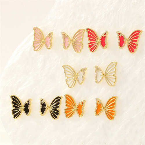 1 Paar Ohrstecker im süßen, schlichten Stil mit Schmetterlings-Emaille-Beschichtung, Kupfer-Zirkon, 18 Karat vergoldet