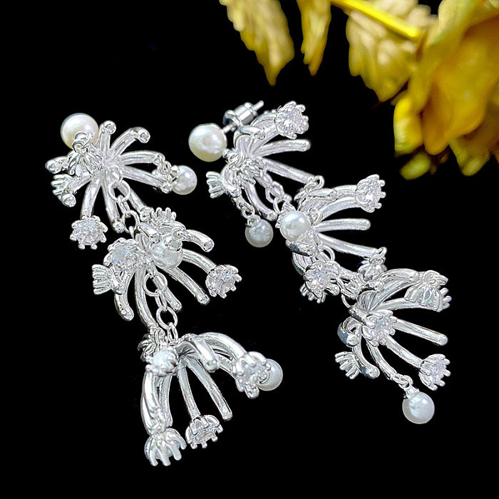 1 Paar glänzende Blumen-Inlay-Kupfer-Perlen-Zirkon-Tropfenohrringe im IG-Stil