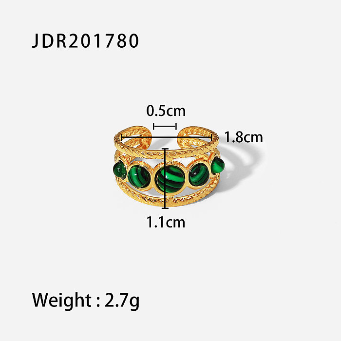 Retro runder offener Ring aus Malachit mit ausgehöhltem Inlay und Edelstahlbeschichtung, 1 Stück